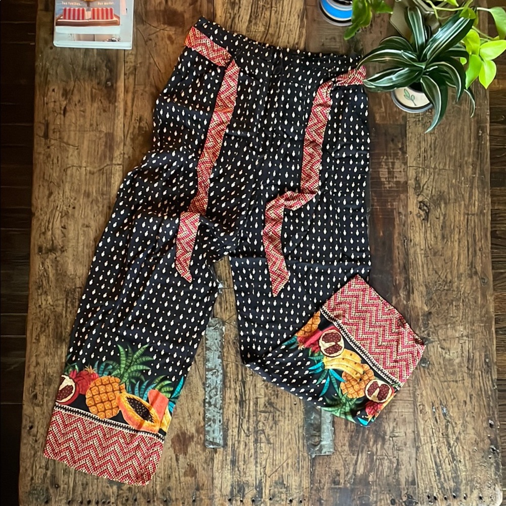 Anthropologie Black with Red Trim Tropical Print Straight-Leg Pants